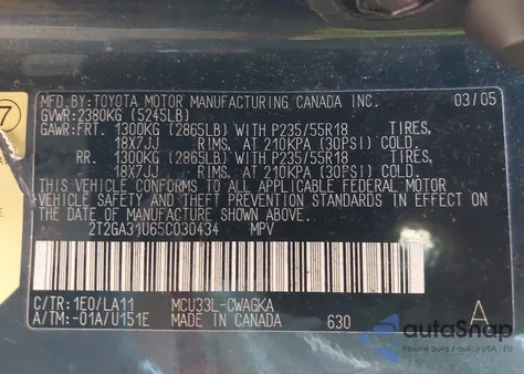 2005 Lexus Rx 330 z USA, uszkodzony, nr VIN 2T2GA31U65C030434